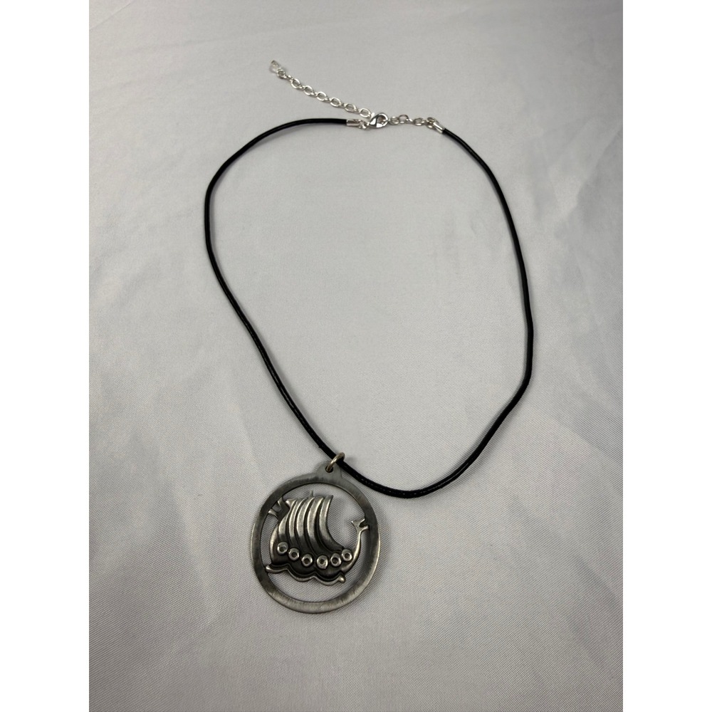 Vintage Jørgen Jensen Pewter Viking Ship‎ Pendant Denmark Necklace Scandinavian